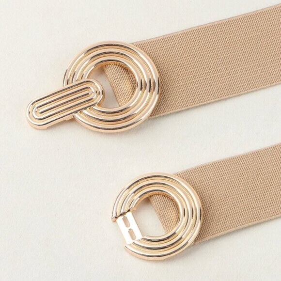 Metal Round Buckle Elastic Cinch Buckle Belt Beige/Brown main image 6